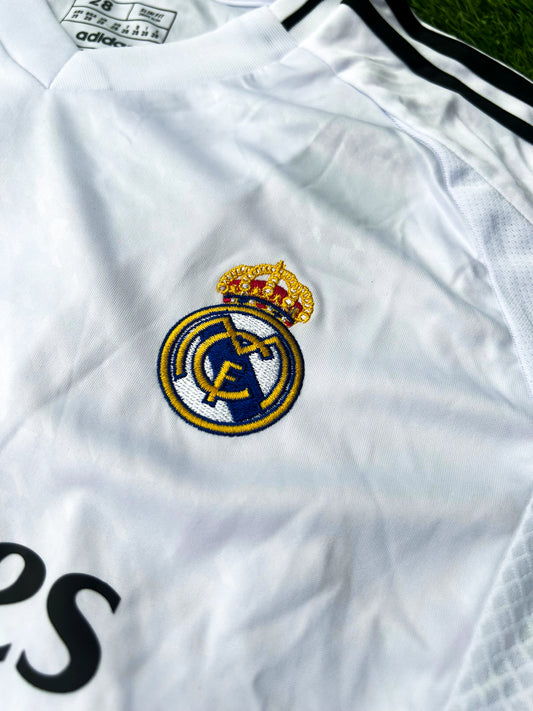 Real Madrid 2024-2025 Home Bellingham #5 Kids Jersey – White Adidas Youth Soccer Shirt - Five Of Cups Official