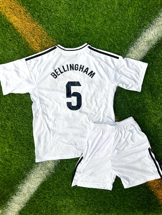 Real Madrid 2024-2025 Home Bellingham #5 Kids Jersey – White Adidas Youth Soccer Shirt - Five Of Cups Official