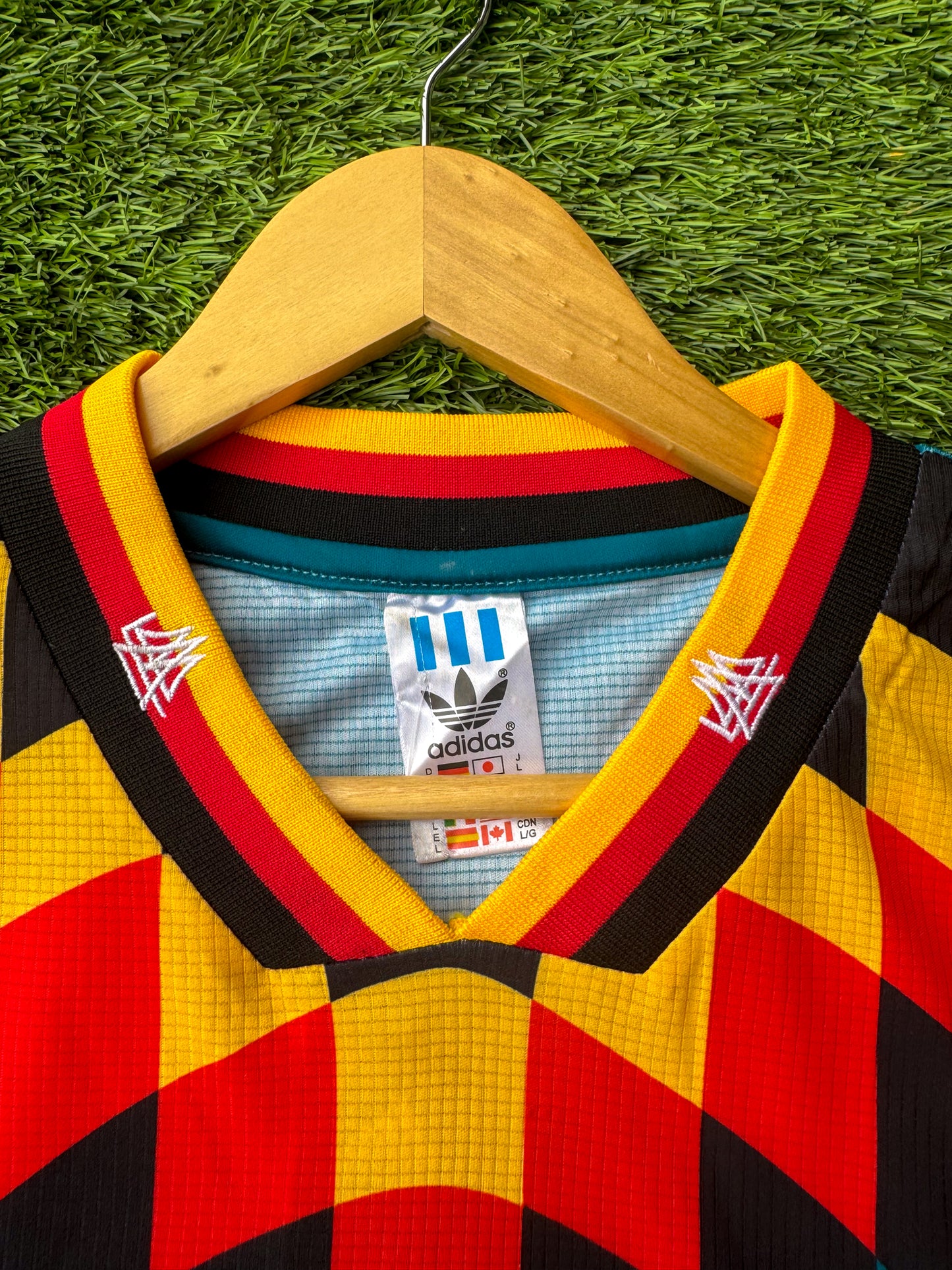 Close-up of DFB crest and Adidas embroidery