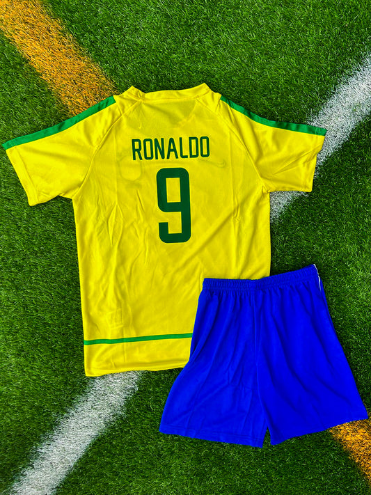 Brazil 2002 Home Ronaldo #9 & Ronaldinho #11 Kids Vintage World Cup Jersey – Iconic Kit from the Championship Era - Five Of Cups Official