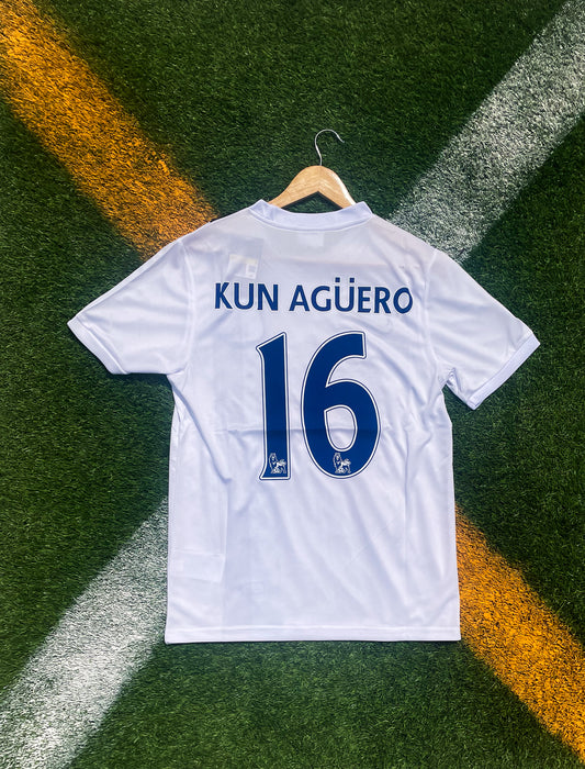 Manchester City 2013–2014 Third Jersey Aguero #16 – White Vintage Iconic Soccer Shirt - Five Of Cups Official