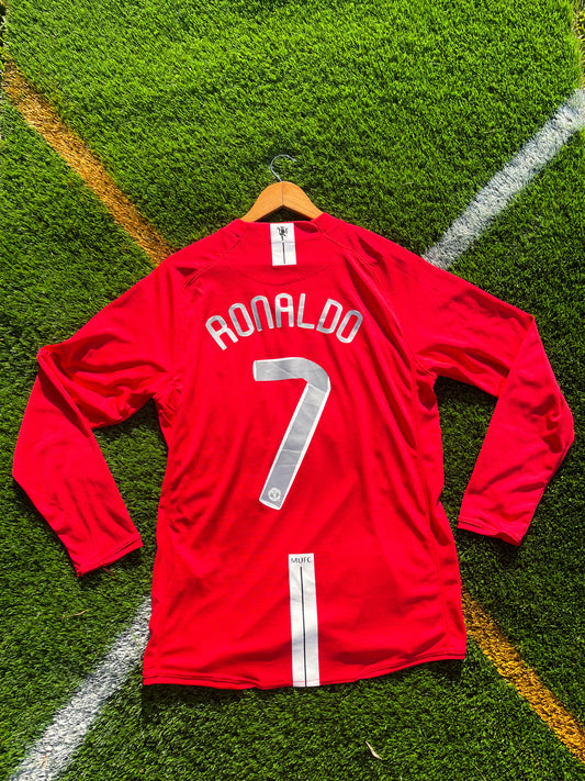 Manchester United 2007-2008 Home Ronaldo #7 Vintage AIG Champions League Soccer Jersey - Five Of Cups Official