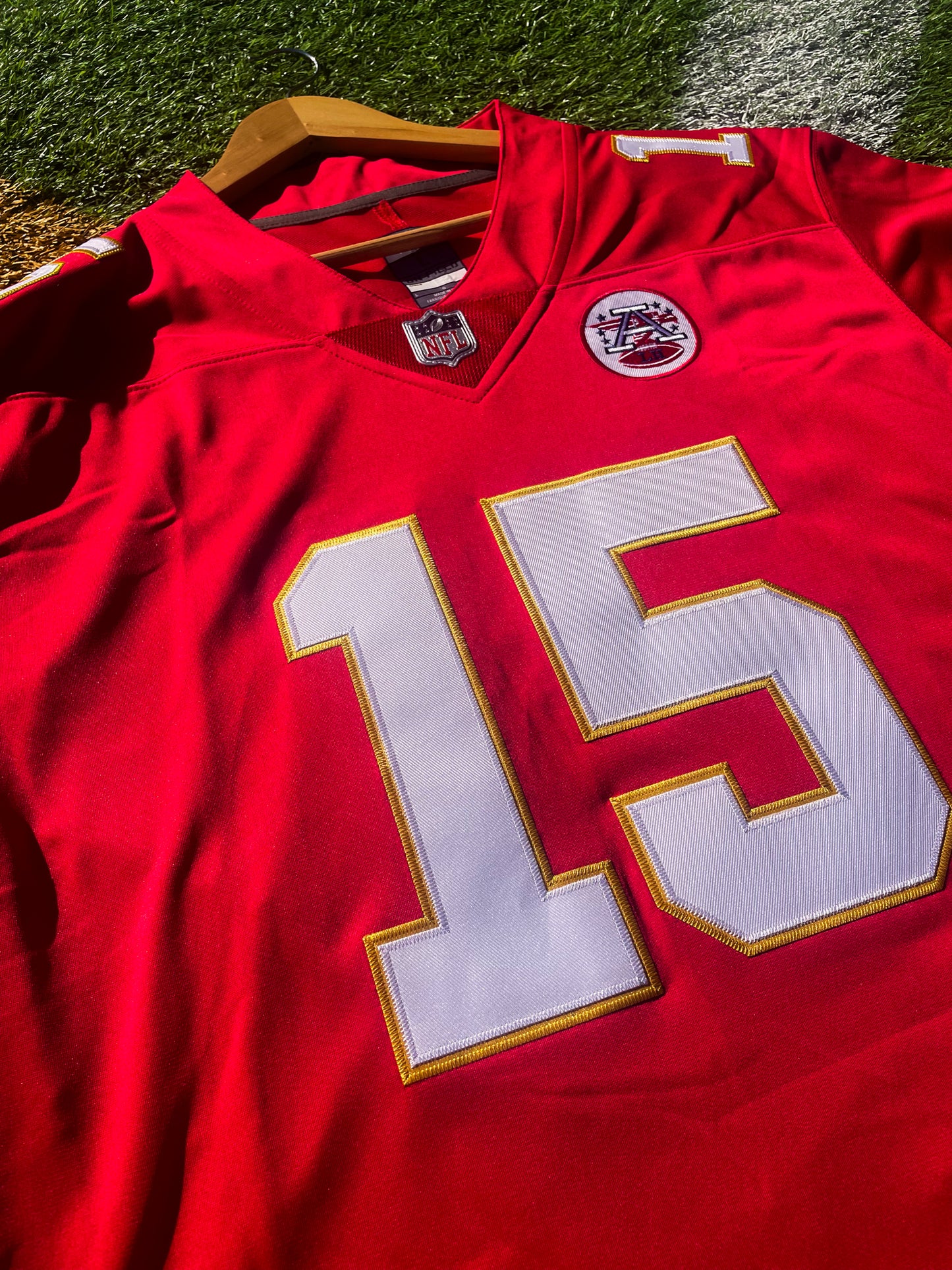 Close-up of Chiefs logo and jersey fabric details