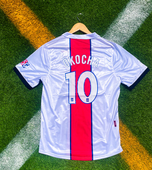 Paris Saint-Germain 1998-1999 Away Okocha #10 Retro Opel Ligue 1 Soccer Jersey – Classic White Vintage - Five Of Cups Official