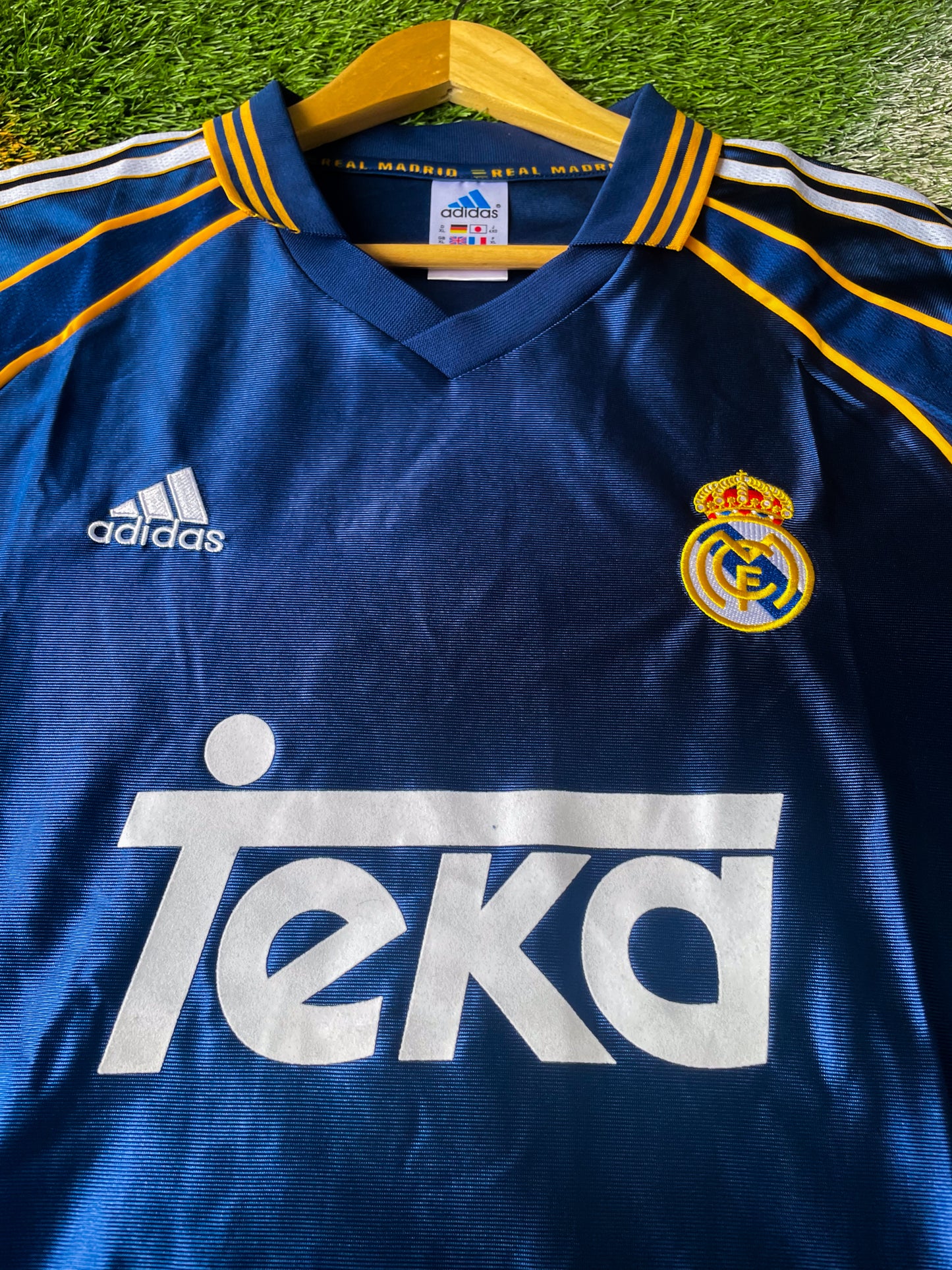 Real Madrid 1998-1999 Third Jersey - Raul 7– Vintage Blue and Gold Adidas Classic Retro Football Shirt - Five Of Cups Official