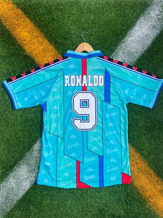 FC Barcelona 1996-1997 Away Jersey – Ronaldo #9 Sky Blue Retro Vintage Football Shirt - Five Of Cups Official