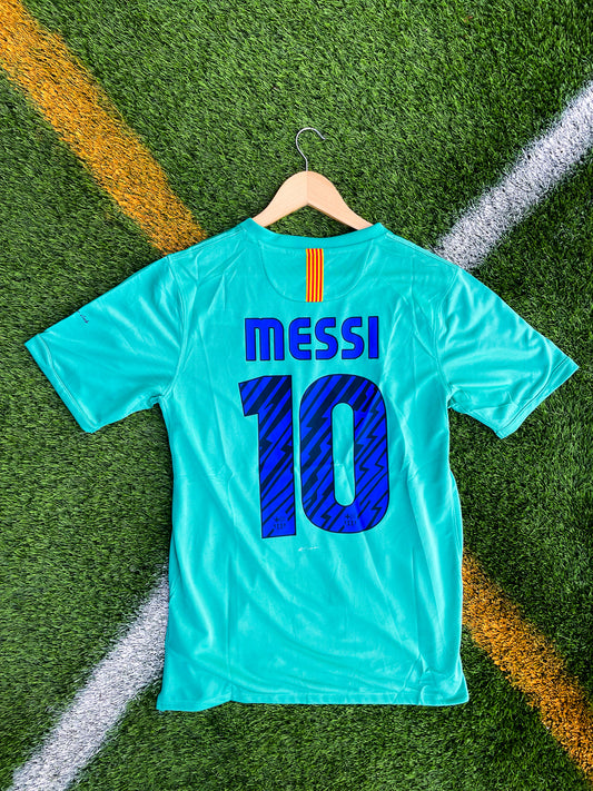 Barcelona 2011–12 Away Jersey Messi #10 – Green Nike Champions League Soccer Shirt from Peak Tiki-Taka Era - Five Of Cups Official