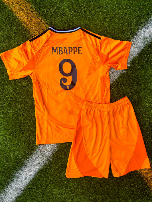 Real Madrid 2024-2025 Away Mbappé #9 Kids Jersey – Bold Orange Adidas Youth Soccer Shirt - Five Of Cups Official