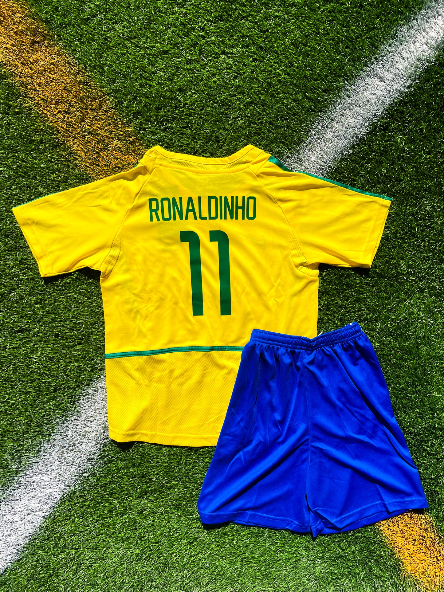 Brazil 2002 Home Ronaldo #9 & Ronaldinho #11 Kids Vintage World Cup Jersey – Iconic Kit from the Championship Era - Five Of Cups Official