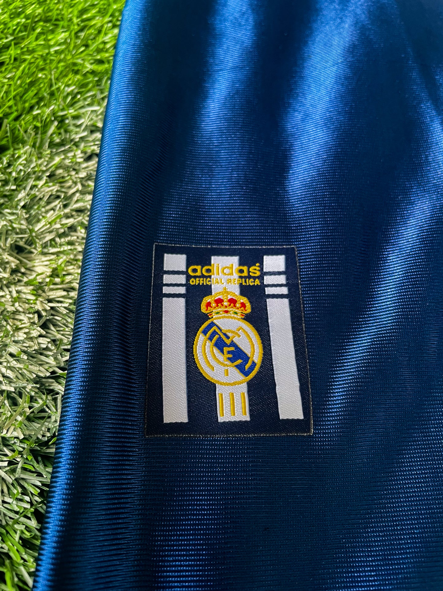 Real Madrid 1998-1999 Third Jersey - Raul 7– Vintage Blue and Gold Adidas Classic Retro Football Shirt - Five Of Cups Official