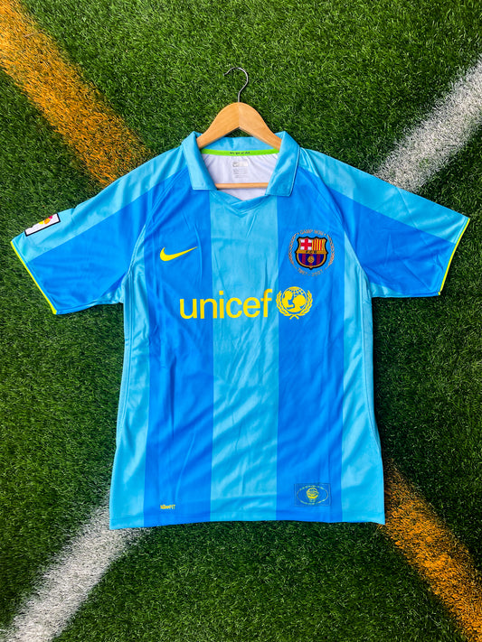 FC Barcelona 2007-2008 Away Jersey – Messi #19 Blue Exclusive Vintage Football Shirt - Five Of Cups Official