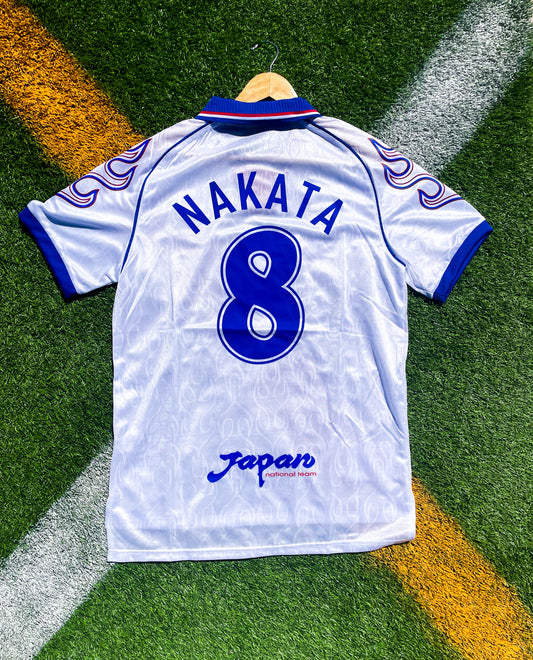 Japan 1998 Away Nakata #8 World Cup Vintage Soccer Jersey β Classic White Samurai Blue Kit from France β98 - Five Of Cups Official