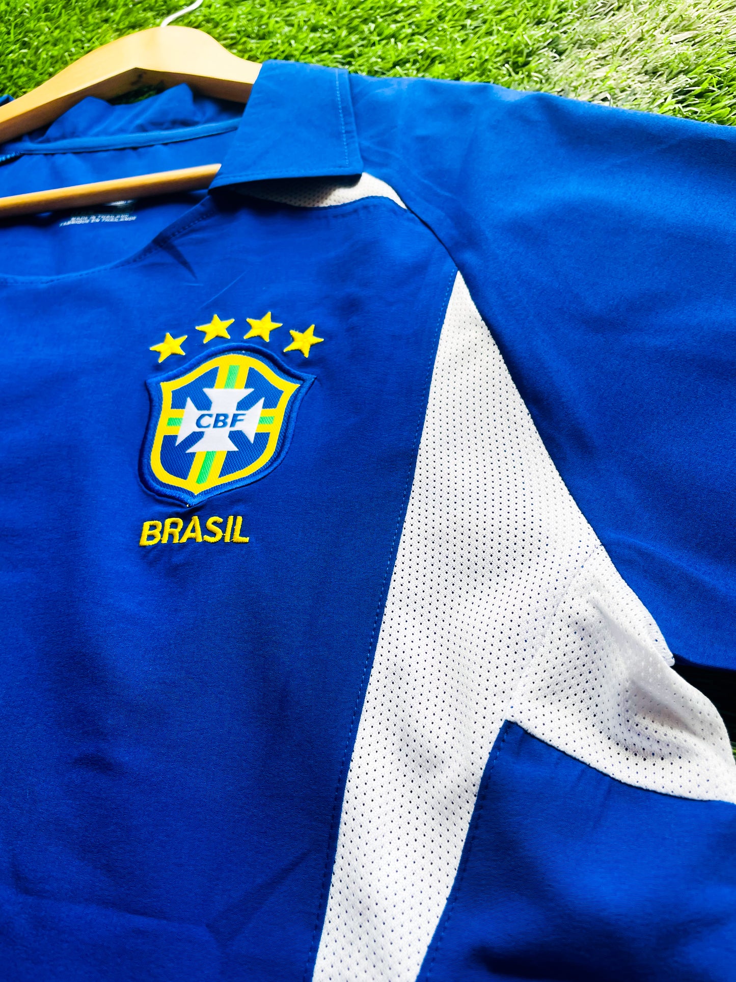 Close-up of Brazil national team crest on 2002 blue and white away jersey