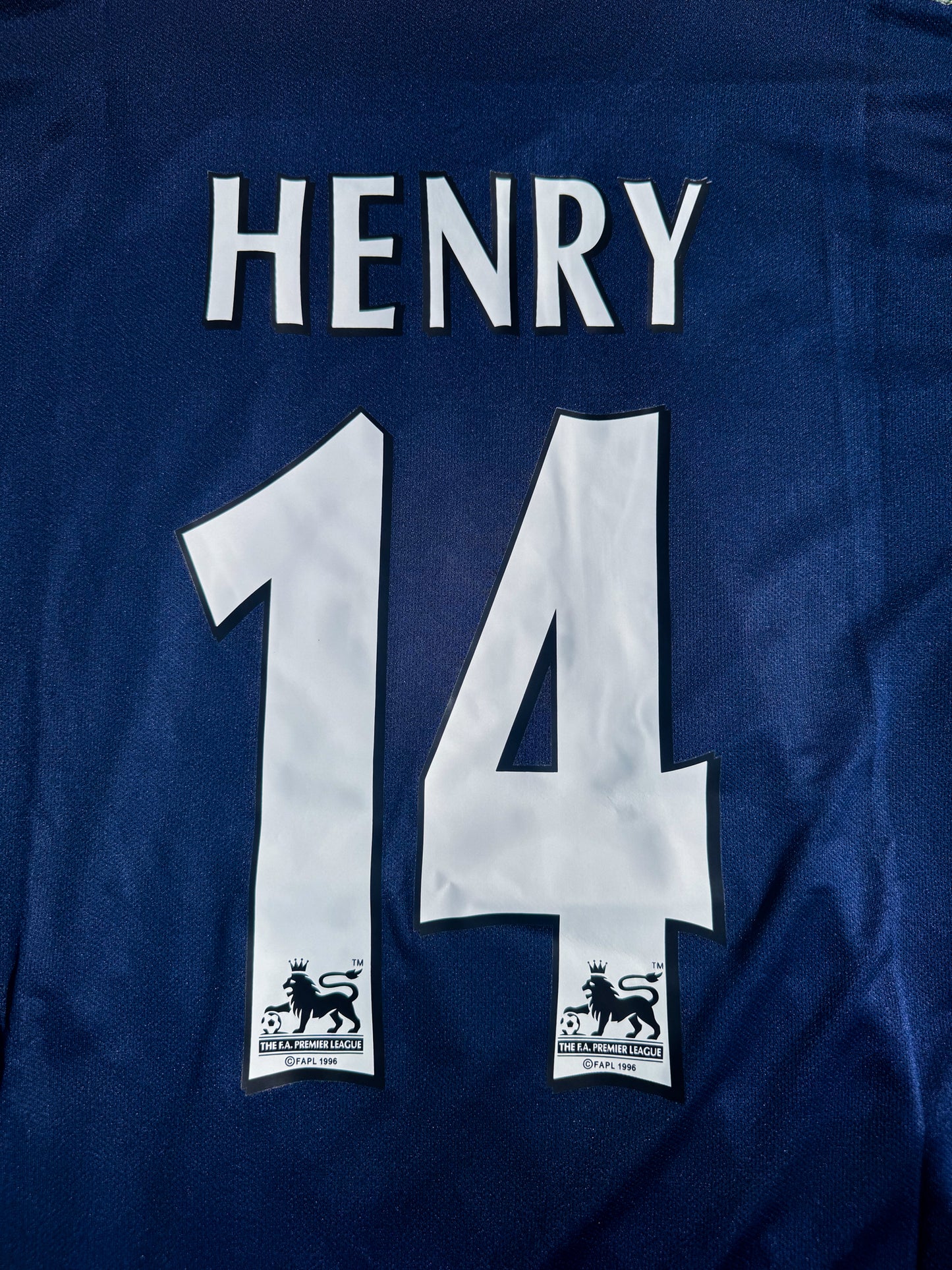 Back view showing Henry #14 in Premier League font on blue Arsenal away kit