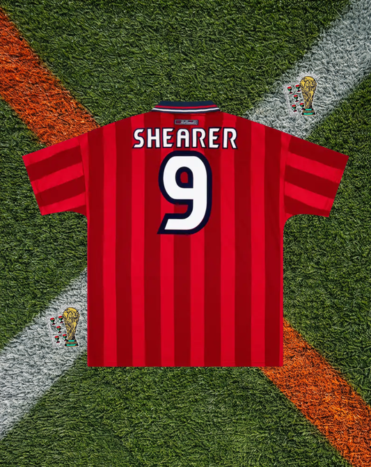 England 1997–1999 Away Jersey – Shearer #9- Bold Red Checkered Era Design