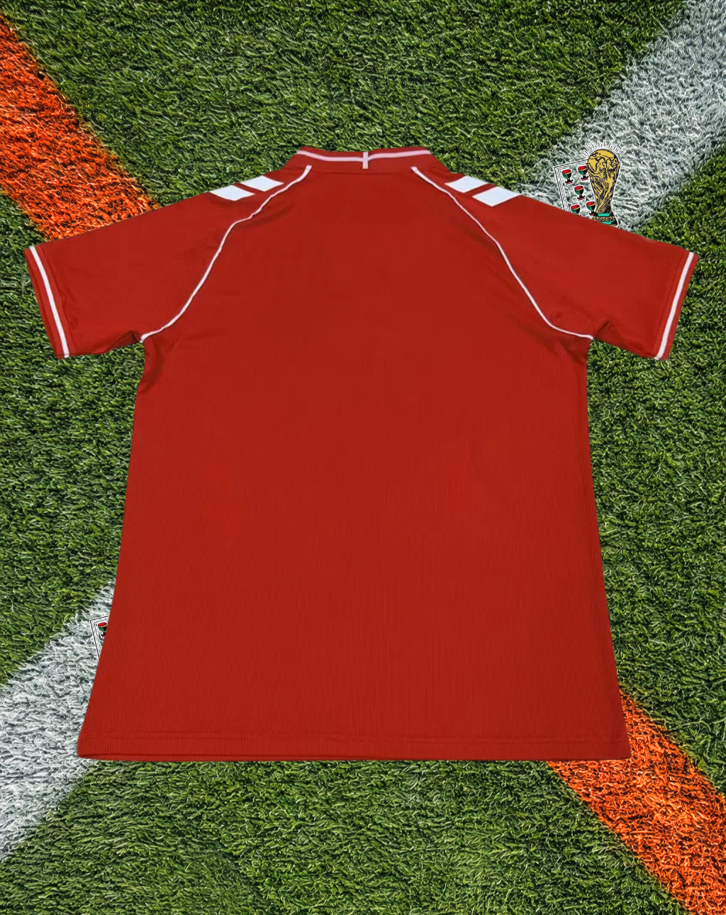 Denmark 2026 Home Jersey- Hummel Retro Red White Pinstripe Raglan Crossed V-Neck- World Cup Edition