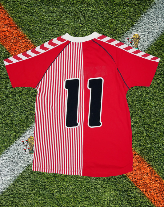 Denmark 1986 Home - #11 Preben Elkjær - Hummel Vintage Halved Pinstripe V-Neck Retro Jersey
