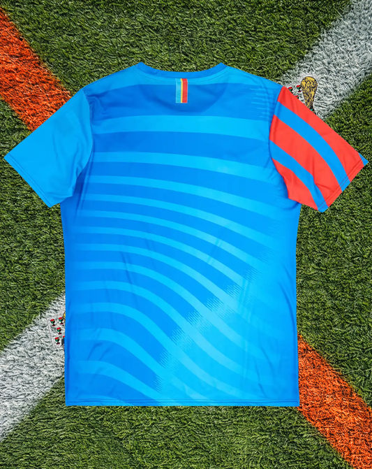 DR Congo 2023/2024 Home - Umbro Sky Blue Graphic Pattern Asymmetric Red Sleeve Crew-Neck
