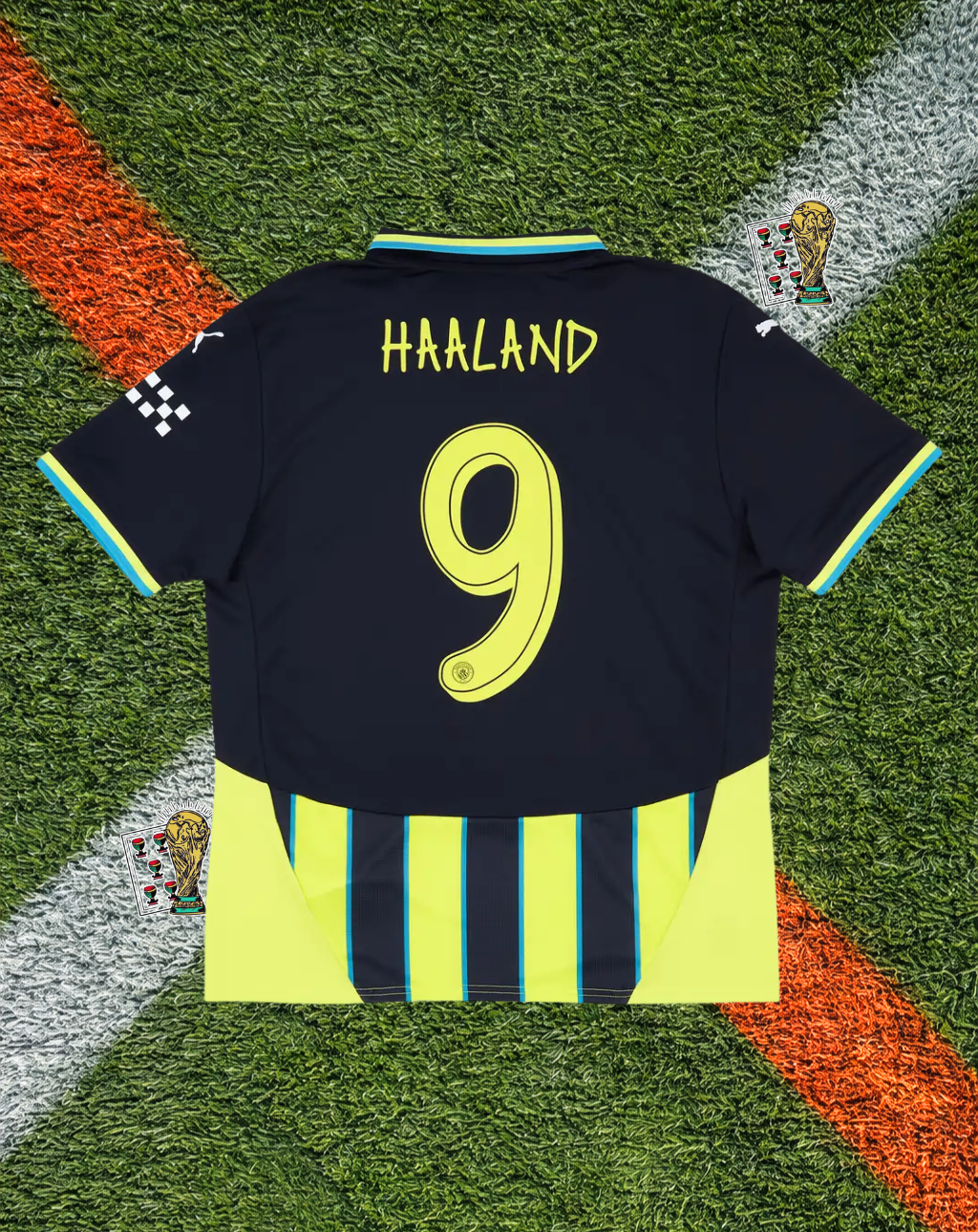 Manchester City 2024-25 Away Jersey – Haaland #9 – Puma Neon Yellow & Navy Pinstripe