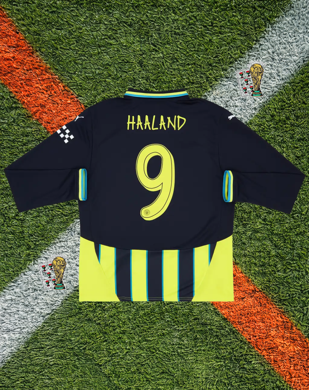 Manchester City 2024-25 Away Jersey – Haaland #9 – Puma Neon Yellow & Navy Pinstripe- Long Sleeve