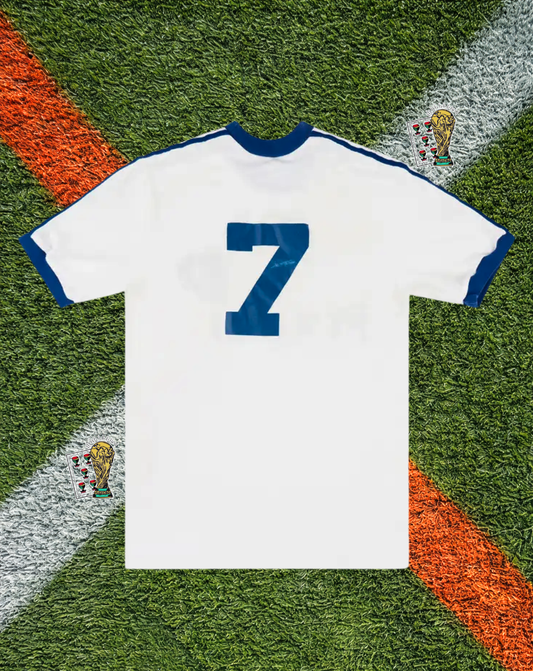 Finland 1982 Home Jersey -Crisp White Dark Blue 3-Stripes Pohjola Sponsor Crew-Neck