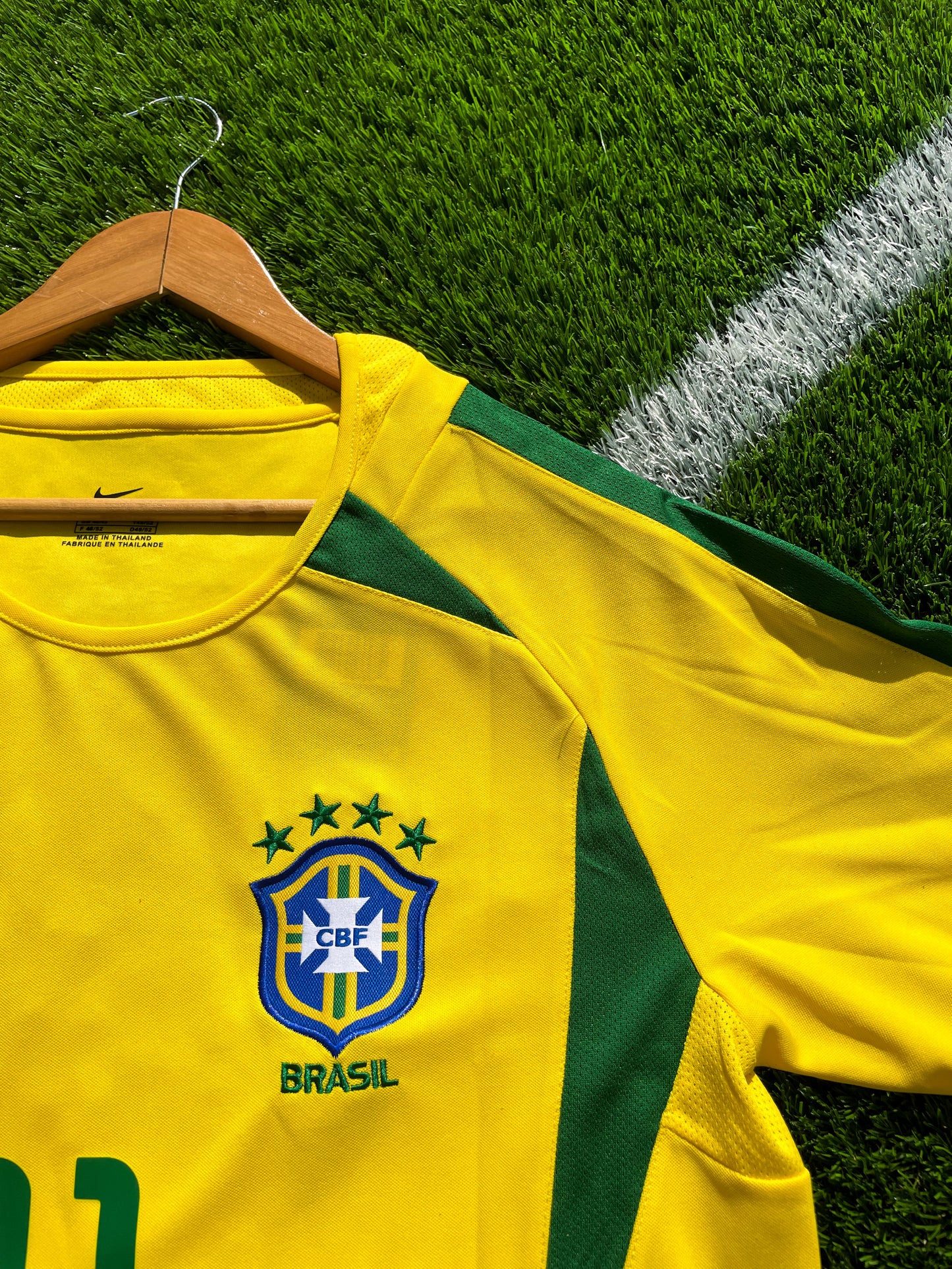 Front view of Brazil 2002 Home Jersey with embroidered CBF crest.