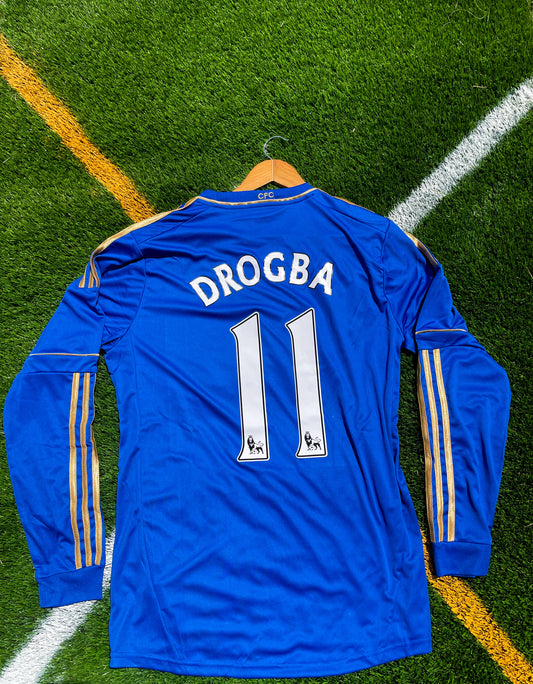 Chelsea 2013 Home Long Sleeve Jersey Drogba #11 – Retro Gold Lines Adidas Premier League Football Shirt - Five Of Cups Official