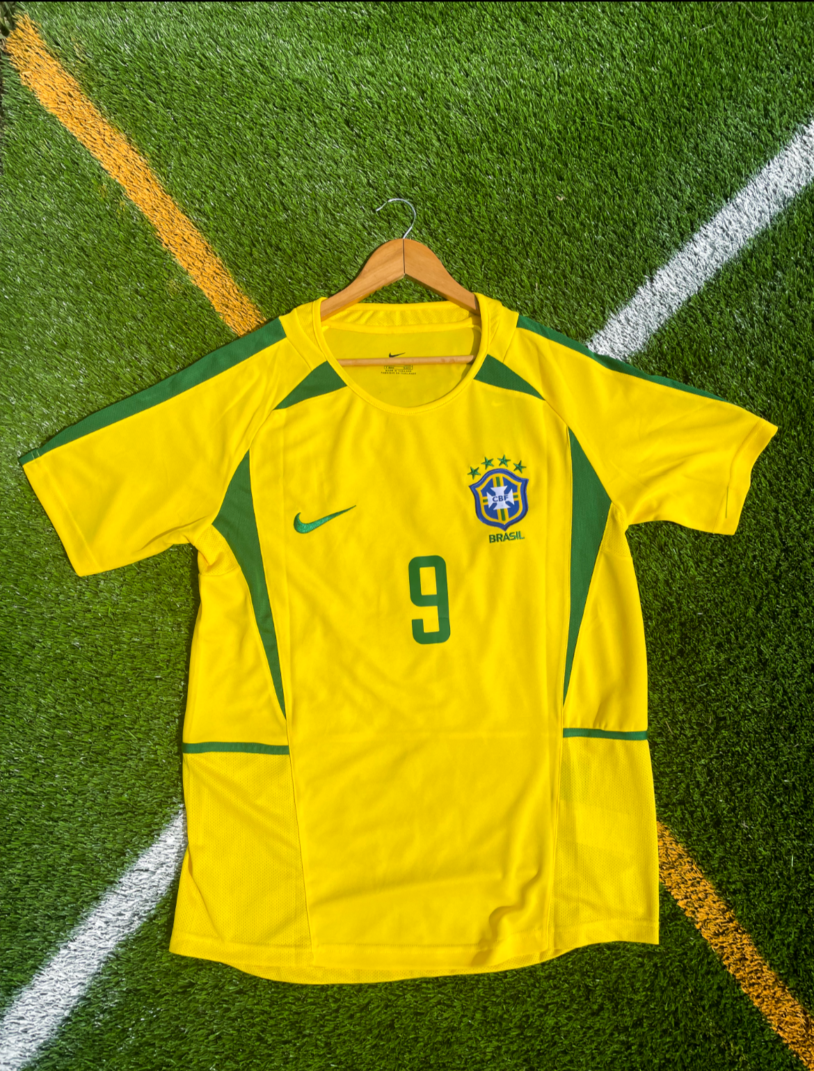 Front view of Brazil 2002 Home Jersey with embroidered CBF crest.