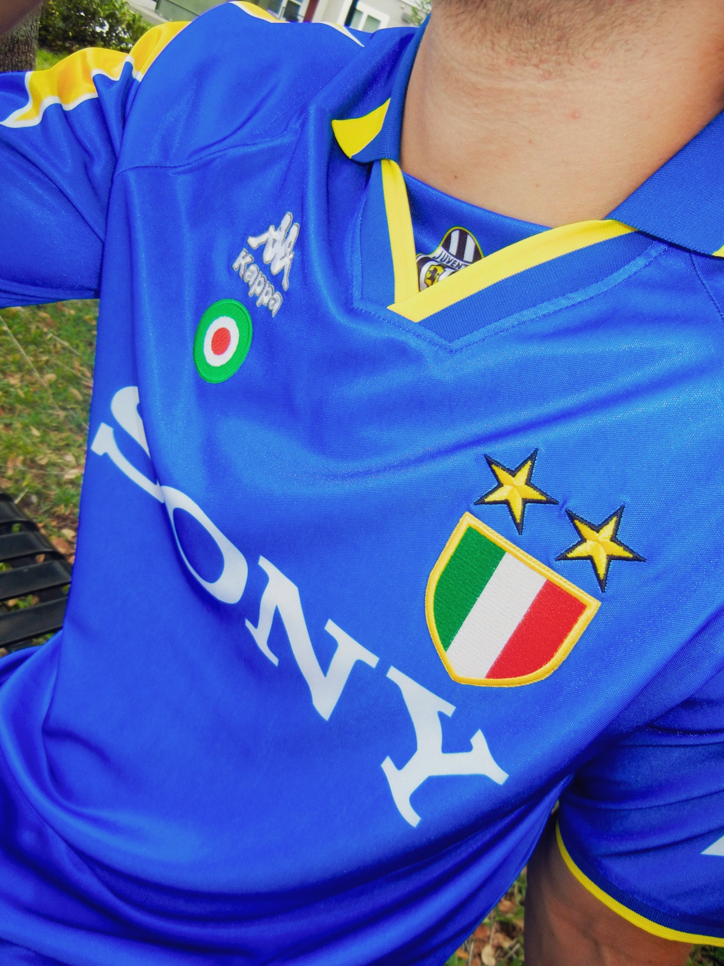 Styled retro outfit featuring the blue and yellow Juventus third kit