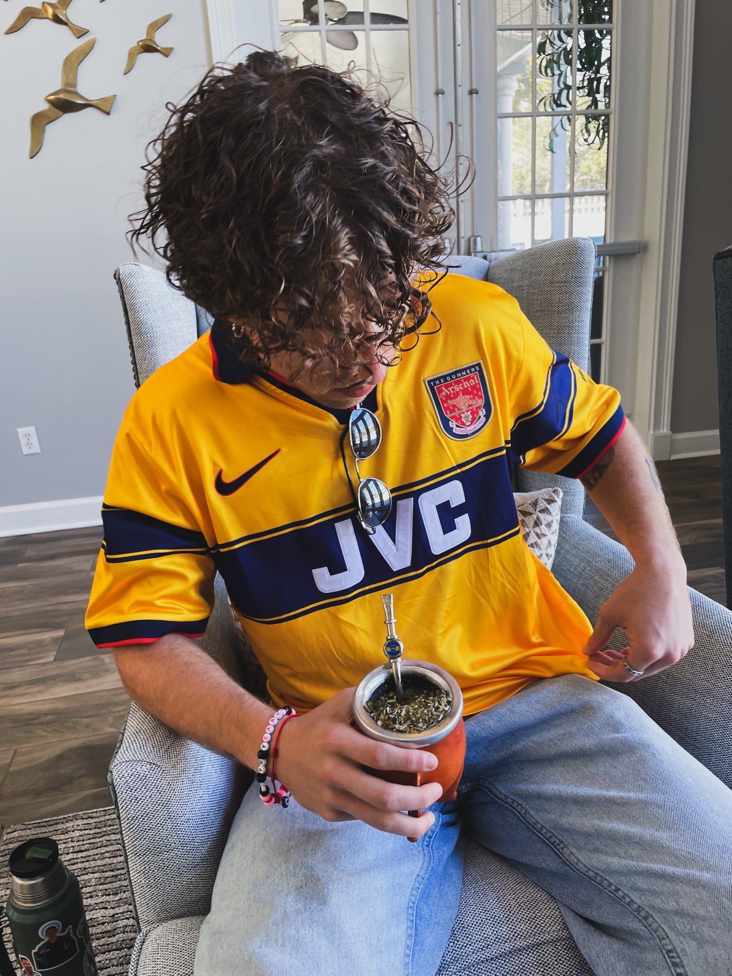 Styled look featuring Arsenal 90s away vintage jersey