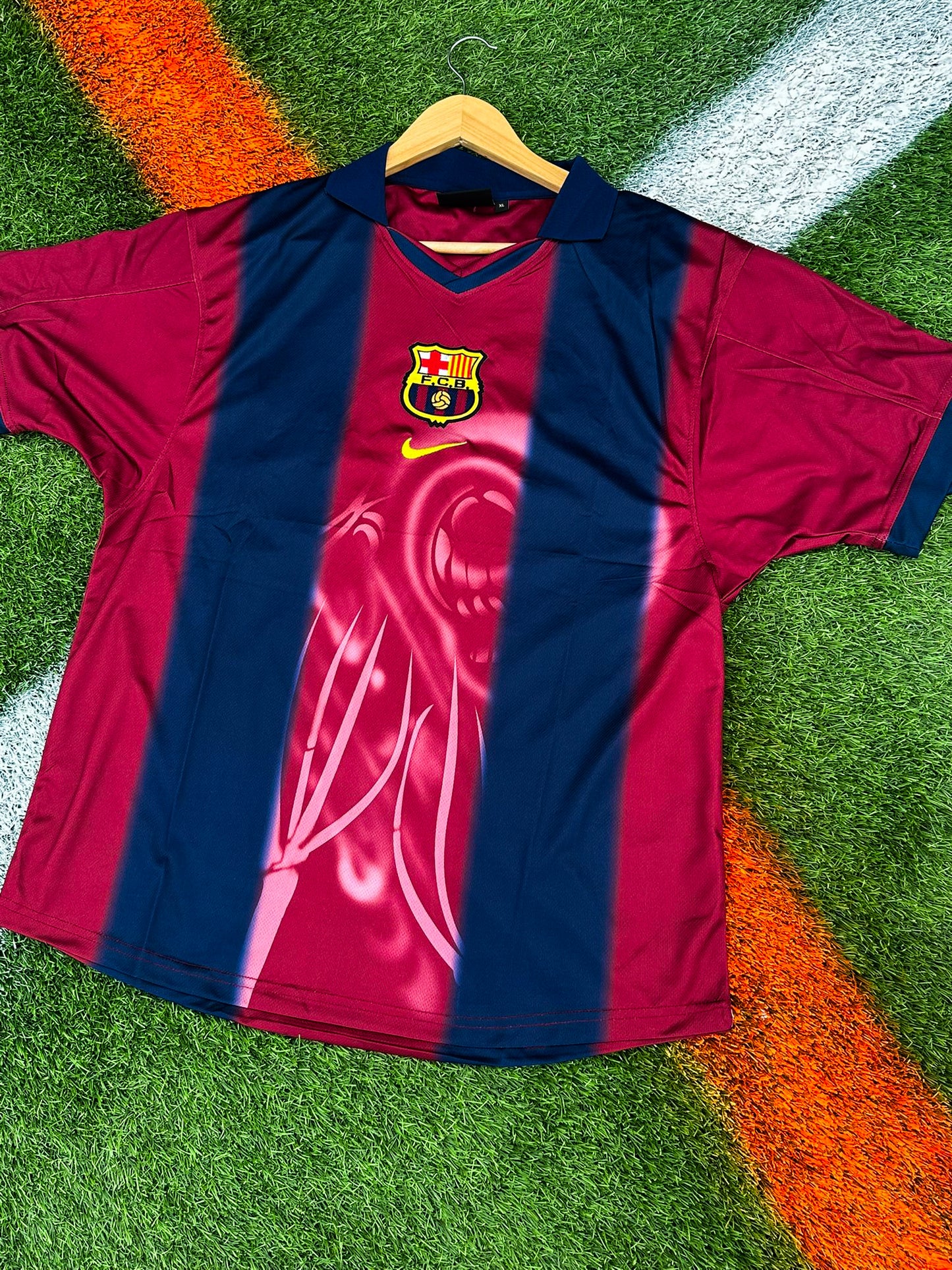 Front view of Barcelona 2024/2025 Home Jersey featuring Cactus Jack x Travis Scott collaboration design