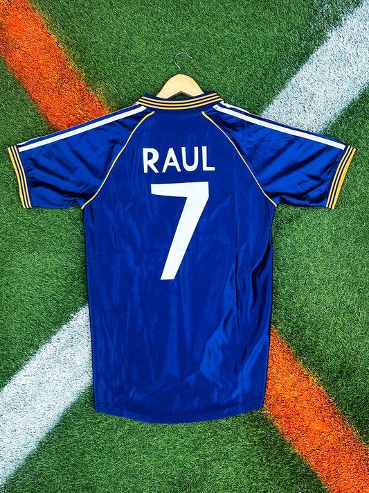Real Madrid 1998-1999 Third Jersey - Raul 7– Vintage Blue and Gold Adidas Classic Retro Football Shirt - Five Of Cups Official