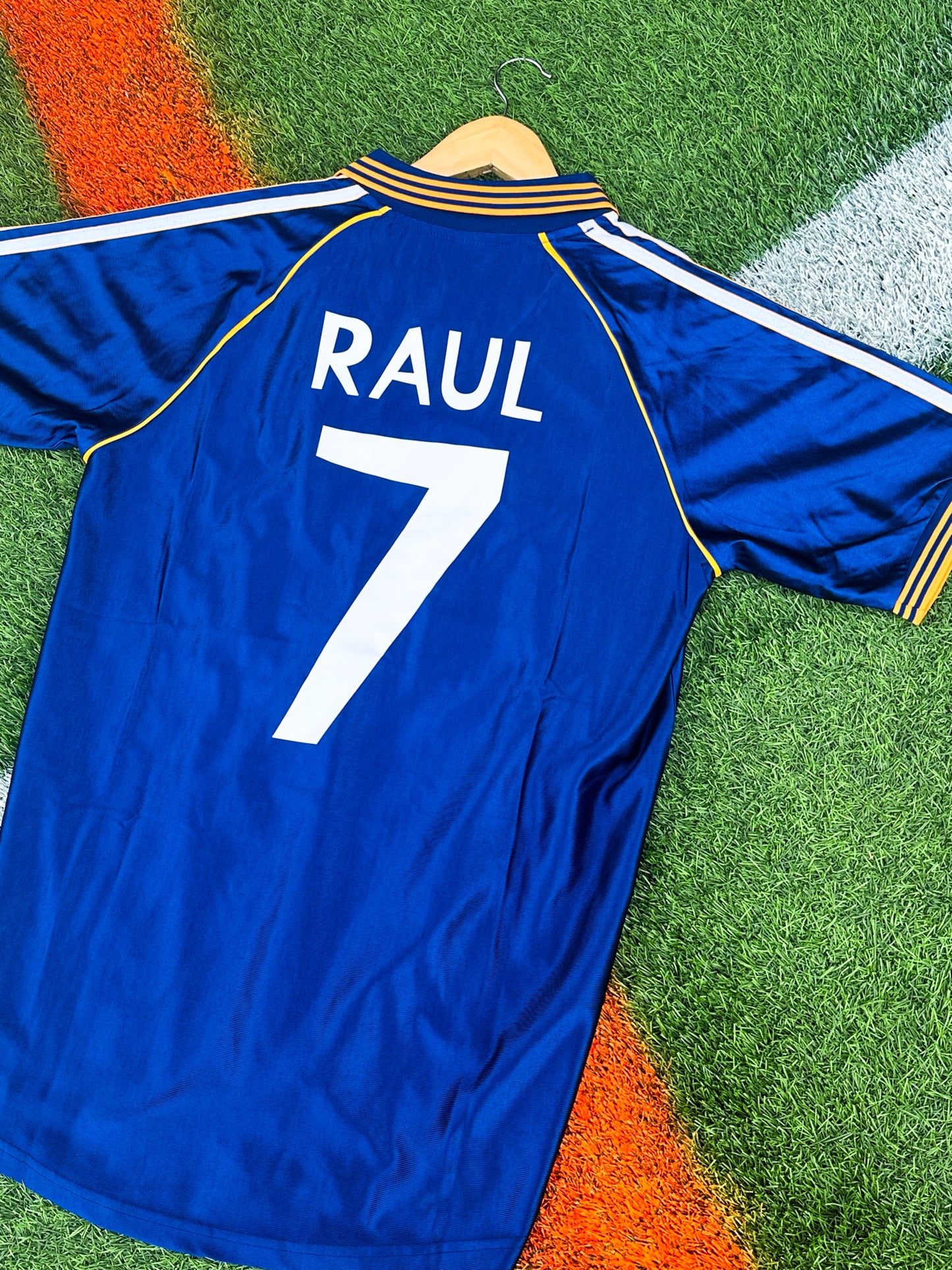 Real Madrid 1998-1999 Third Jersey - Raul 7– Vintage Blue and Gold Adidas Classic Retro Football Shirt - Five Of Cups Official