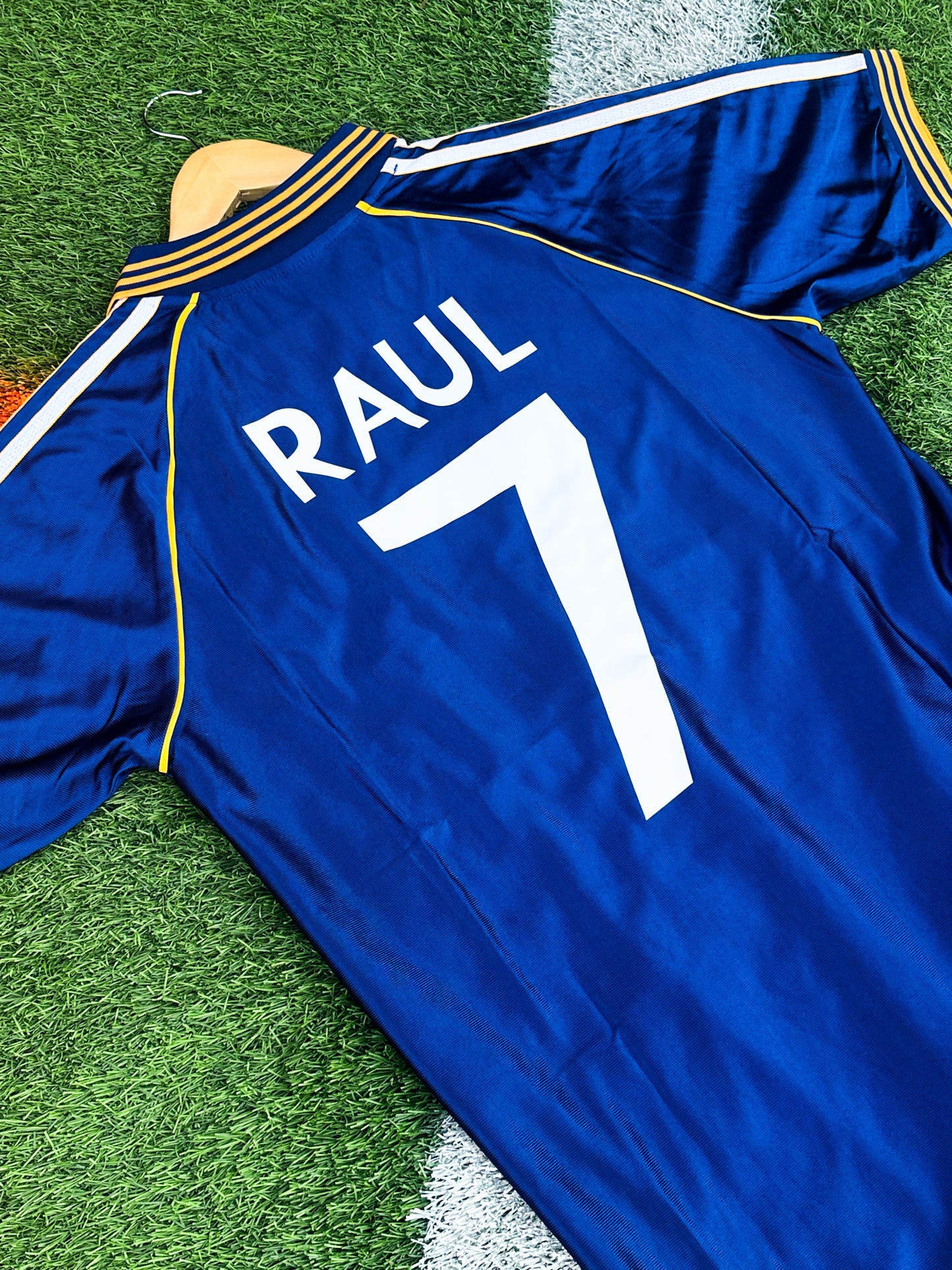 Real Madrid 1998-1999 Third Jersey - Raul 7– Vintage Blue and Gold Adidas Classic Retro Football Shirt - Five Of Cups Official