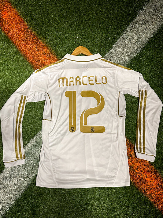 Real Madrid 2011–12 Home Jersey – Marcelo #12 Iconic White Adidas Shirt from Record-Breaking La Liga Season-Long sleeve