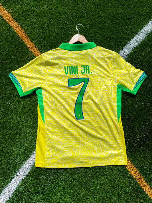 Brazil 2024 Home Vinícius Jr #7 Modern Nike Jersey – Bold Yellow Kit with Updated Crest and Contemporary Fit - Five Of Cups Official