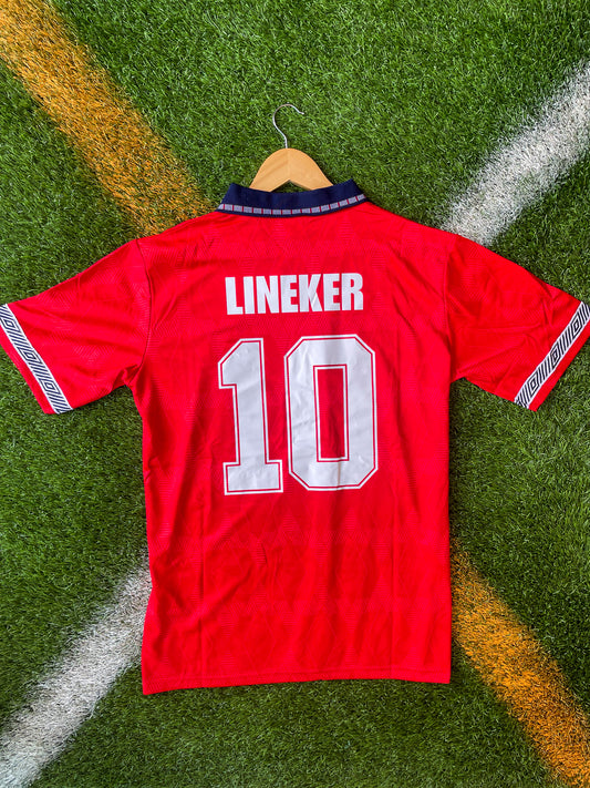 England 1994 Away Lineker #10 Vintage Red Soccer Jersey – Classic Umbro Design - Five Of Cups Official