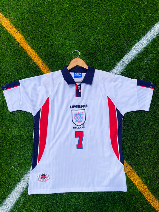 England 1998 Home Beckham #7 Retro Soccer Jersey – Iconic 90s Three Lions Kit - Five Of Cups Official