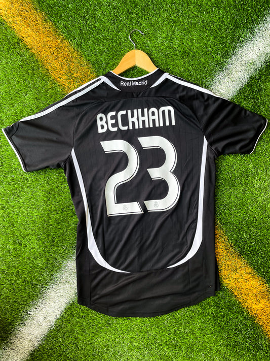 Real Madrid 2007 Away Jersey – Beckham #23 Vintage Black Adidas Long Sleeve Shirt from La Liga Campaign - Five Of Cups Official