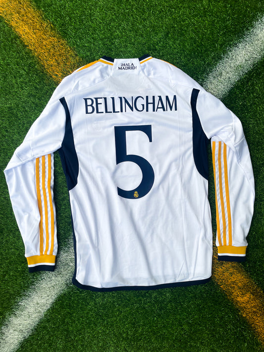 Real Madrid 2023-2024 Home Champions League Long Sleeve Jersey – Bellingham #5 Adidas White Football Shirt - Five Of Cups Official