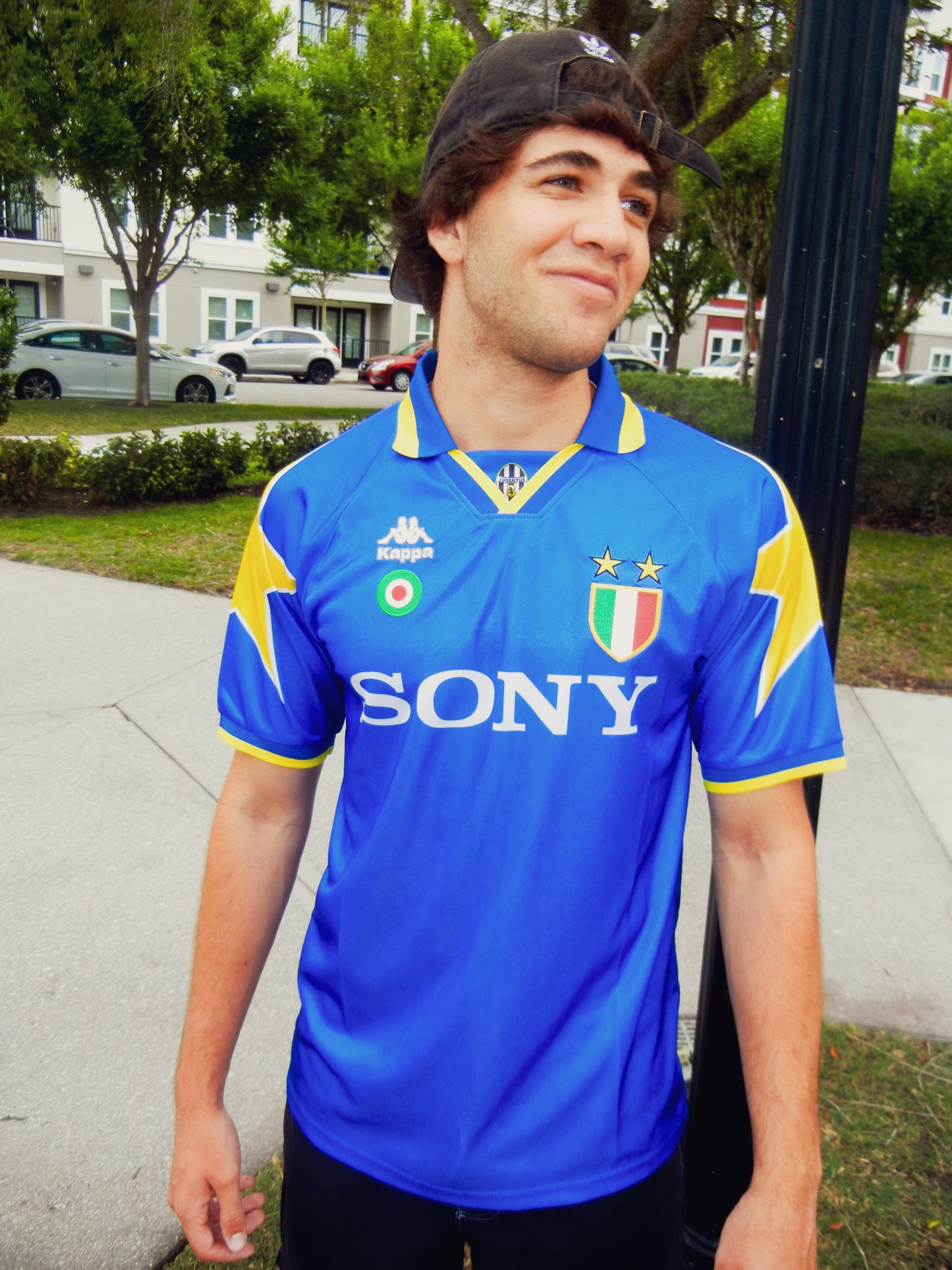 Styled retro outfit featuring the blue and yellow Juventus third kit