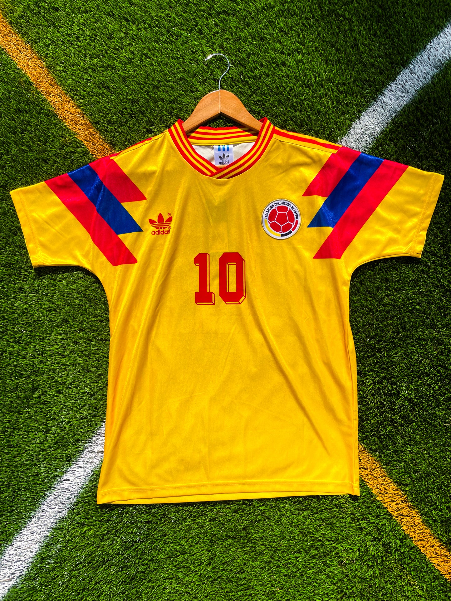 Front view of Colombia 1990 Home Jersey with Adidas trefoil and Colombia crest