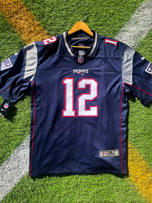 Front view of New England Patriots 2000 Tom Brady #12 navy jersey


