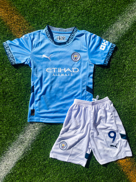 Front view of Manchester City 2024–25 Kids Home Jersey in sky blue

