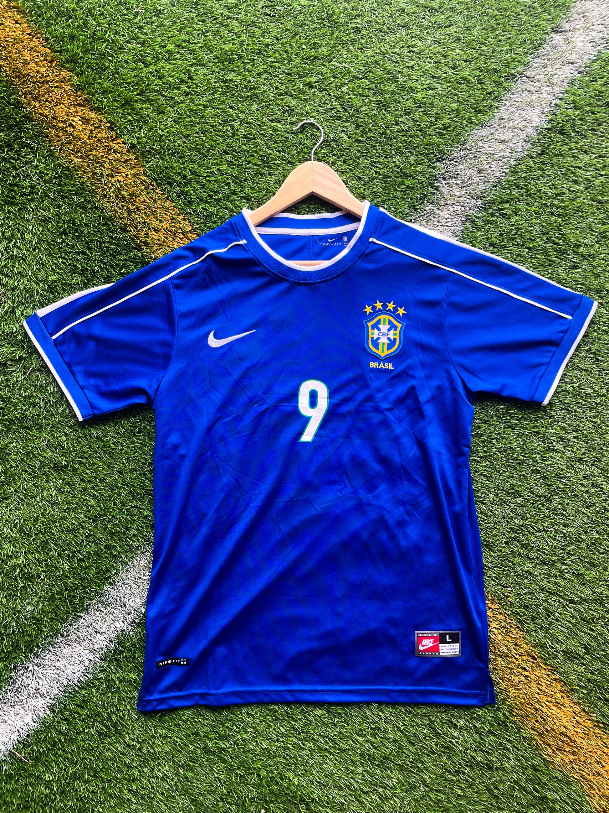 Front view of Brazil 1998 Away Jersey in deep blue with CBF crest