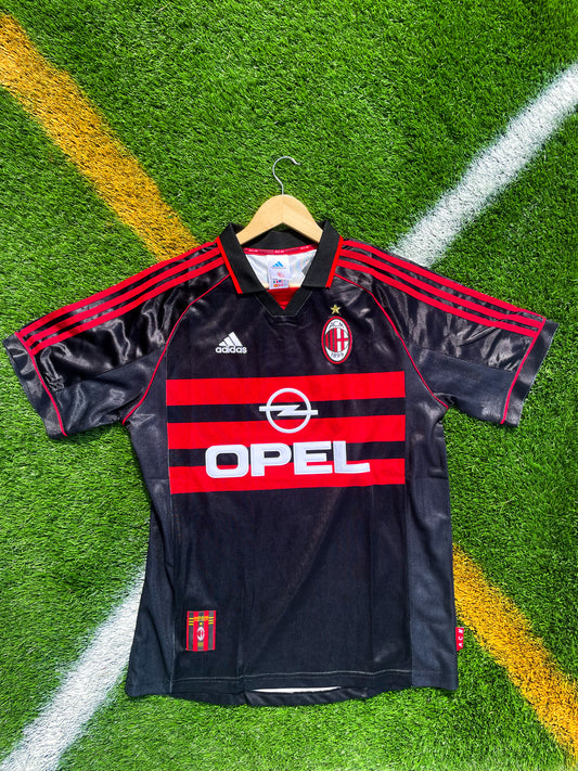 Front of AC Milan 1998-99 Third Maldini #3 jersey in all black with red detailing

