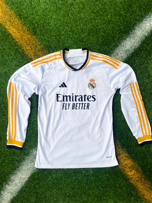 Real Madrid 2023-2024 Home Champions League Long Sleeve Jersey – Bellingham #5 Adidas White Football Shirt - Five Of Cups Official