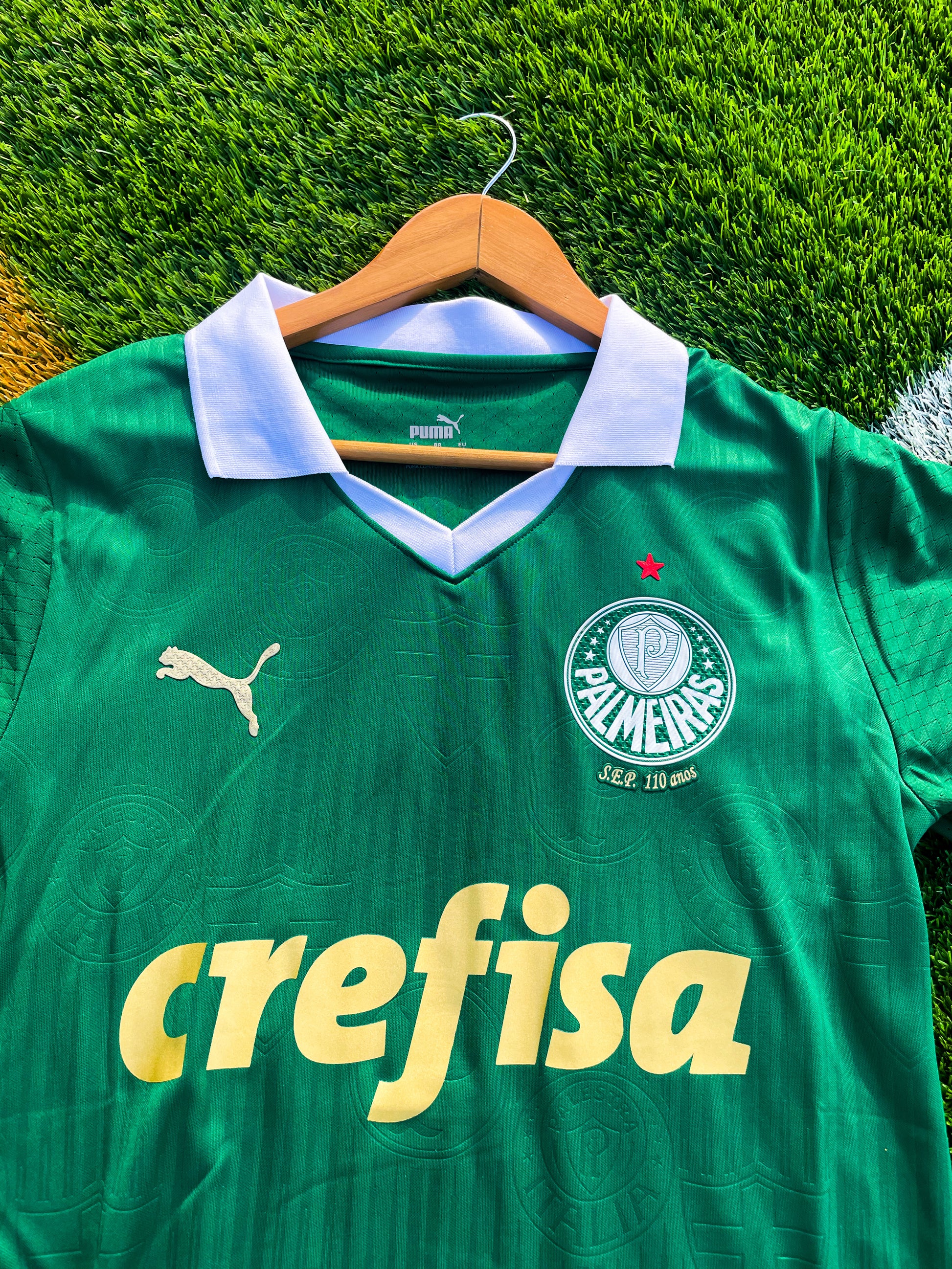 Close-up of Palmeiras crest and Puma logo detailing

