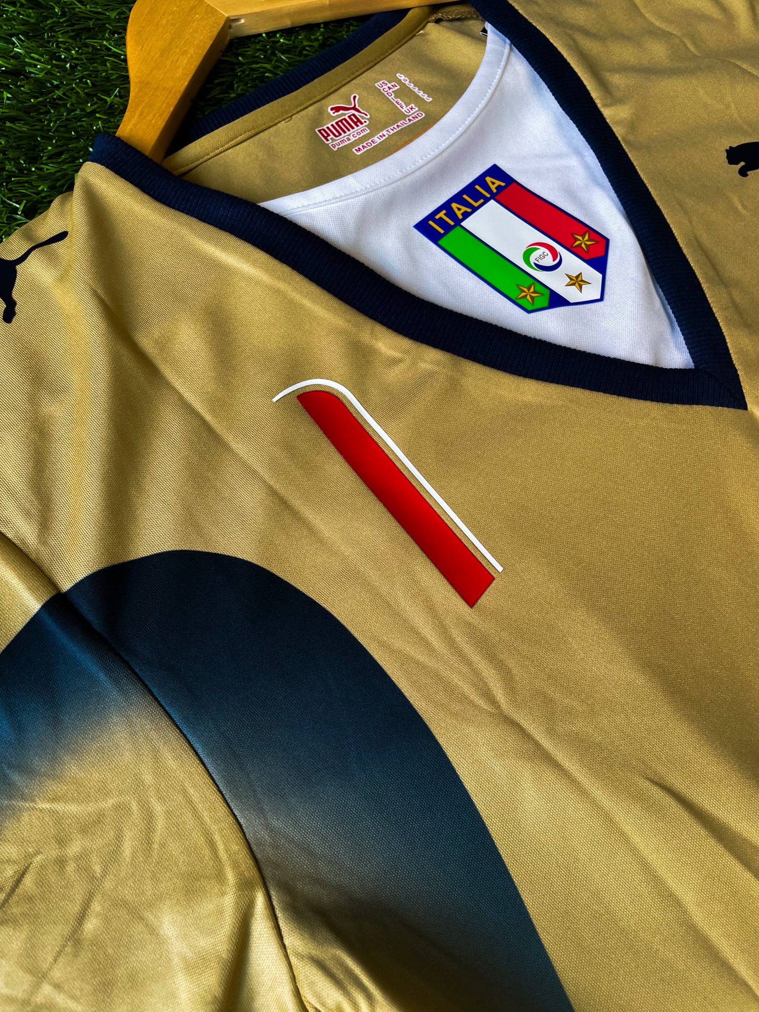 Close-up of shoulder details and retro padded design

