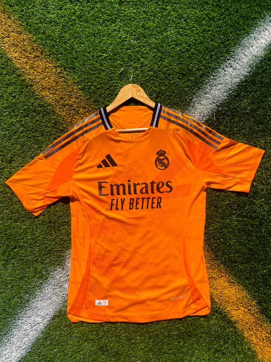 Real Madrid 2024-2025 Away Jersey – Mbappé #9 & Bellingham #5 Modern Orange Adidas Football Shirt - Five Of Cups Official